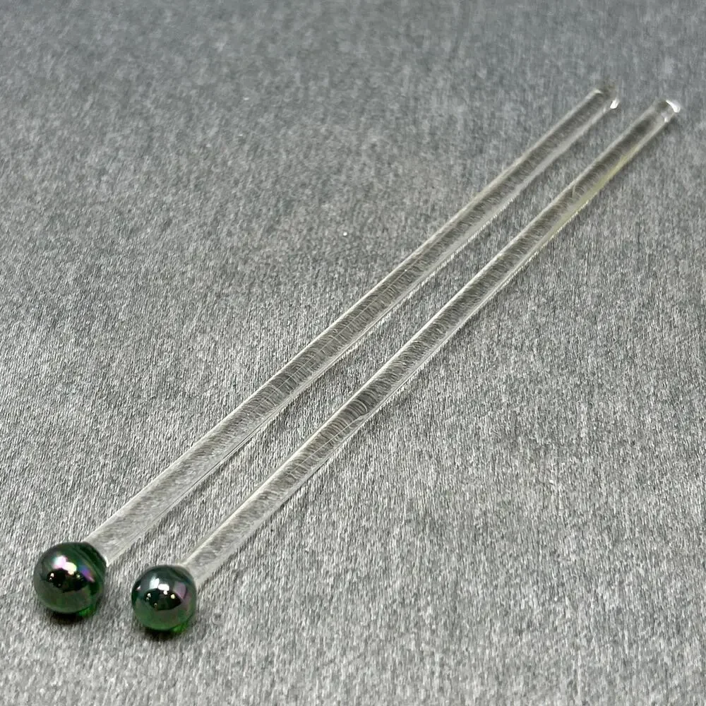 VTG Two Glass Stir Sticks Round Green Carnival Glass Ball Clear Swizzle Rods 7